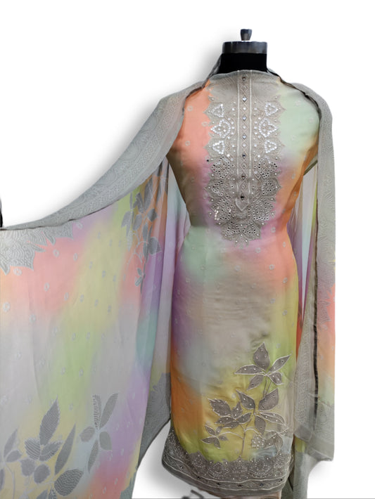 Unstitched Handwork Silk Thread Organza Digital Printed Suit Set For Women