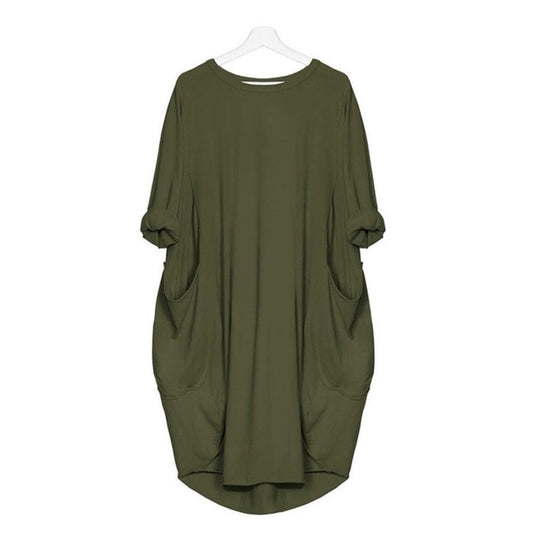 Winter Women Pocket Loose Dress - Army Green / L - Shopaholics