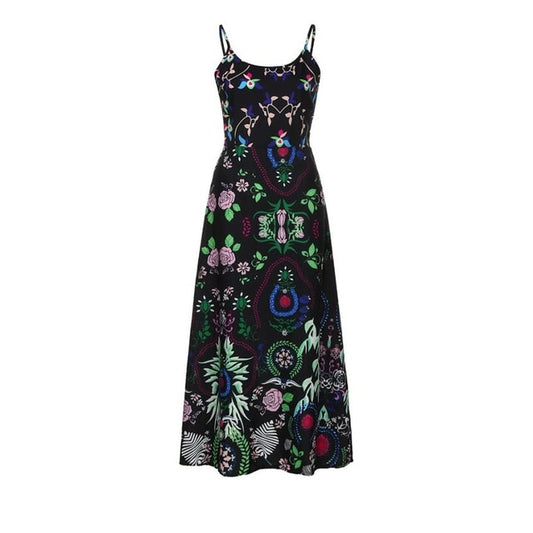 Bohemian Women Floral Print Sling Long Dress - Black / L - Shopaholics