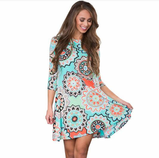 Midi Dress Women Print O Neck Mini Dress - green / S - Shopaholics