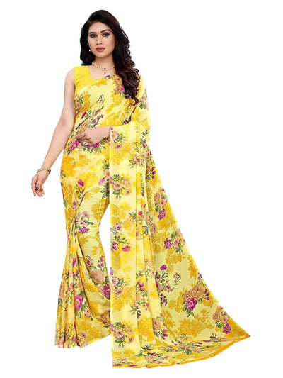 Designer Printed Georgette Saree For Women - 5.5 mtr / Yellow - Shopaholics