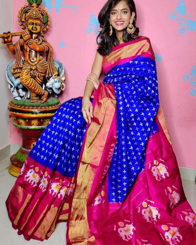 Printed Cotton Saree With Blouse For Women - Free / Blue-Pink - Shopaholics