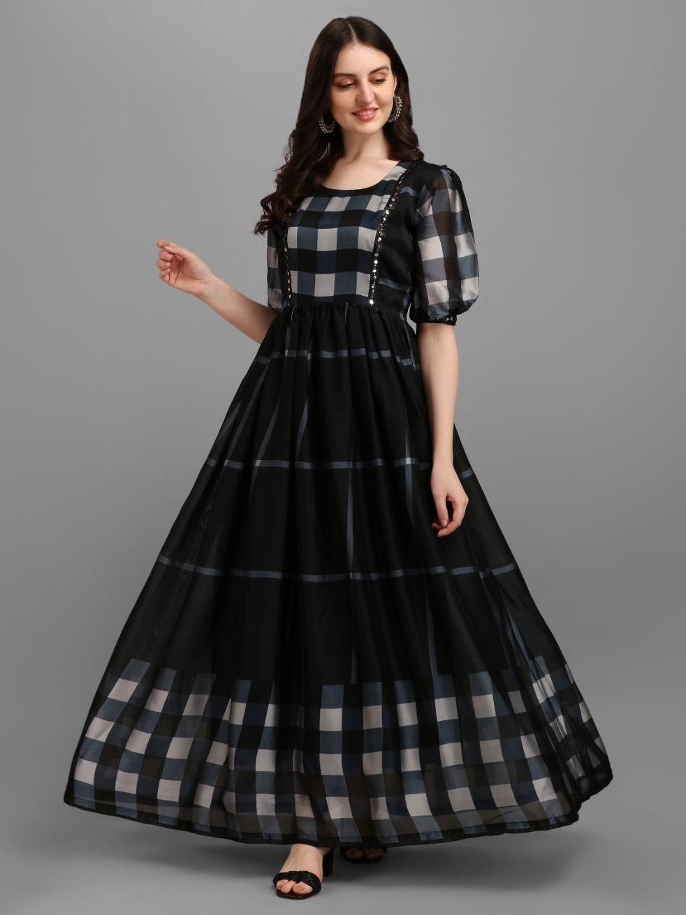 Women's Vichitra Silk Printed Flared Gown - Shopaholics
