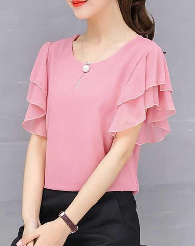 Georgette Solid Ruffle Sleeve Neck Button Top For Women - M - Shopaholics