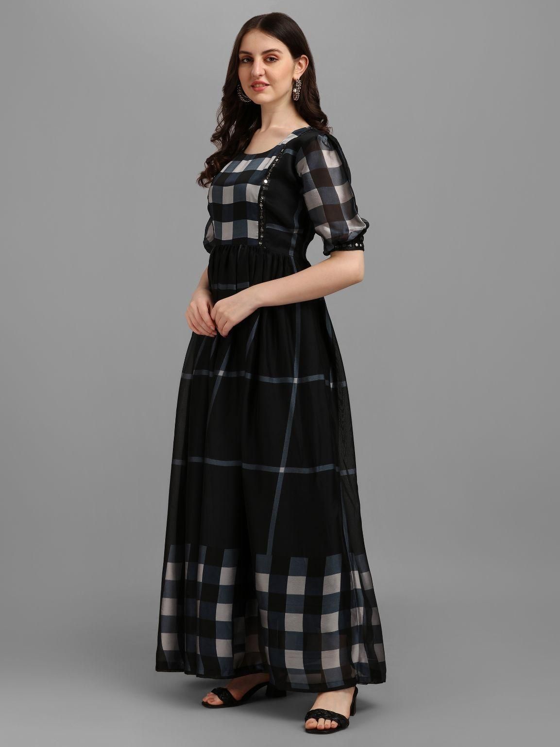 Women's Vichitra Silk Printed Flared Gown - Shopaholics