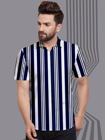Casual Poly Cotton Stripes Regular Fit Shirt For Men - M / Black-White - Shopaholics