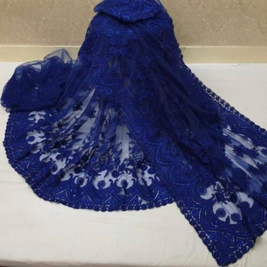 Bangalori Mono Net Chain Stitch Embroidery Saree - Blue - Shopaholics