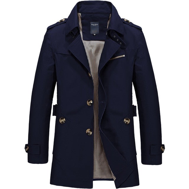 Long navy blue hot sale trench coat mens