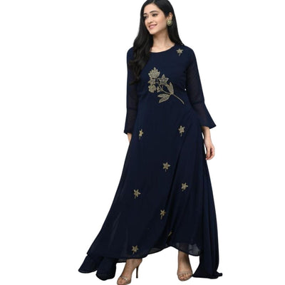 Designer Georgette With Stylish Sleeves Gown For Women - Blue / L-40 - Shopaholics