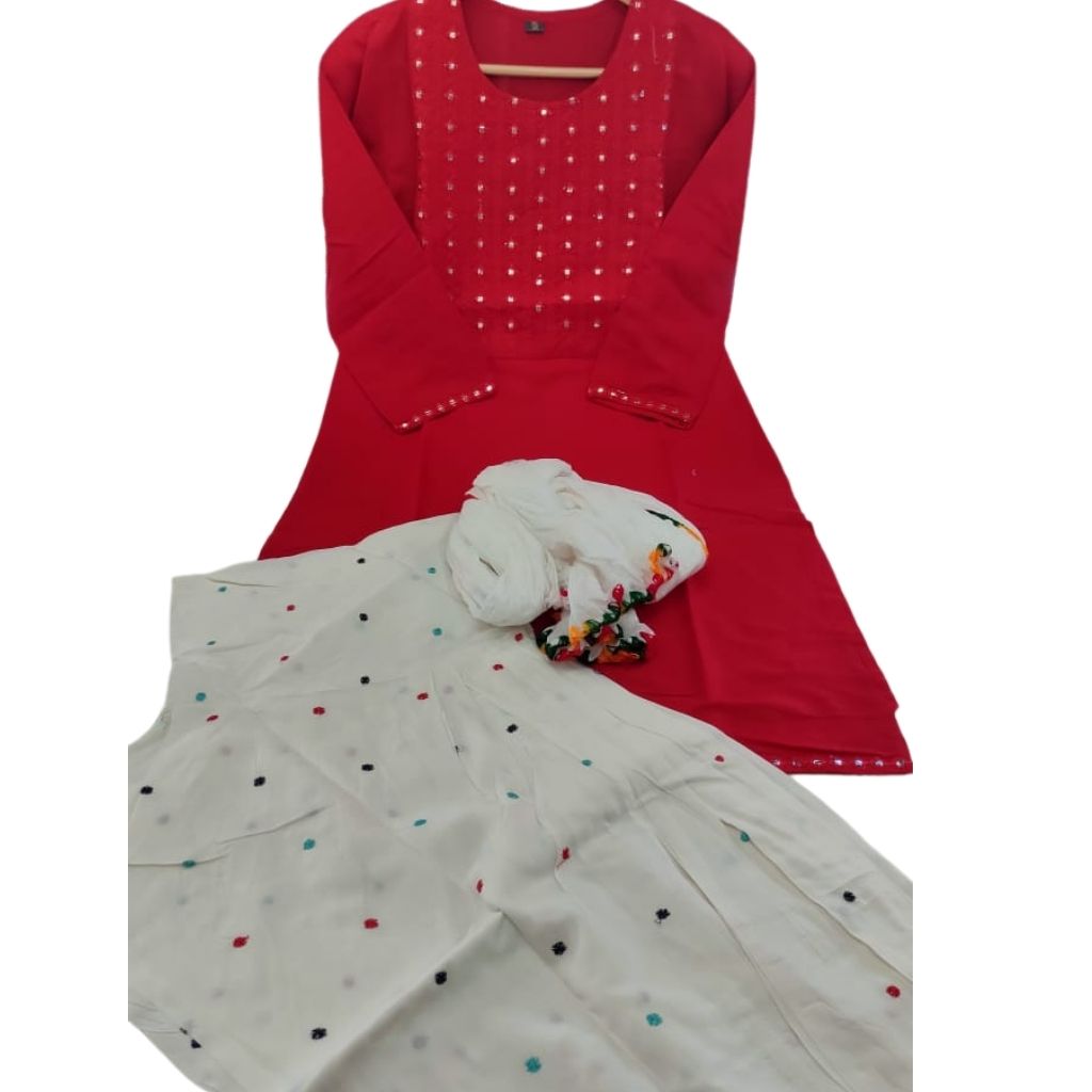 Embroidery Full Stiched Kurti Patialya With Dupatta For Women - M / Red - Shopaholics