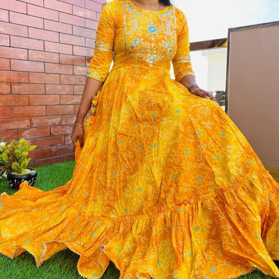 Embroidery Rayon Yellow Milky Printed Gowns For Women - M-38 / Yellow - Shopaholics
