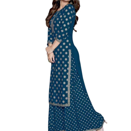 Full Printed Kurti With Flair Sharara Set For Women - M / Blue - Shopaholics