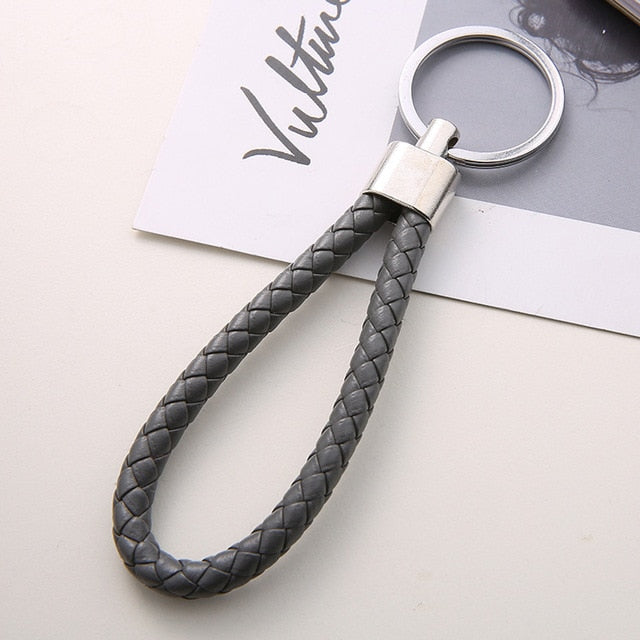 Unisex Braided Leather Rope Handmade Woven Keychain - Gray - Shopaholics