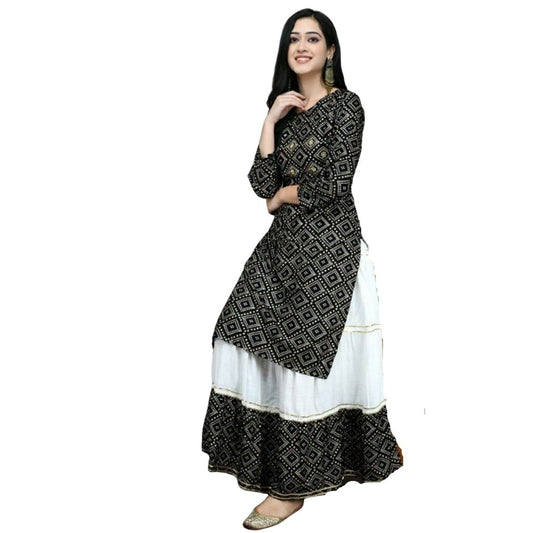 Jaipuri Bandhni Print Kurti And White Skirt For Women - M / Black - Shopaholics