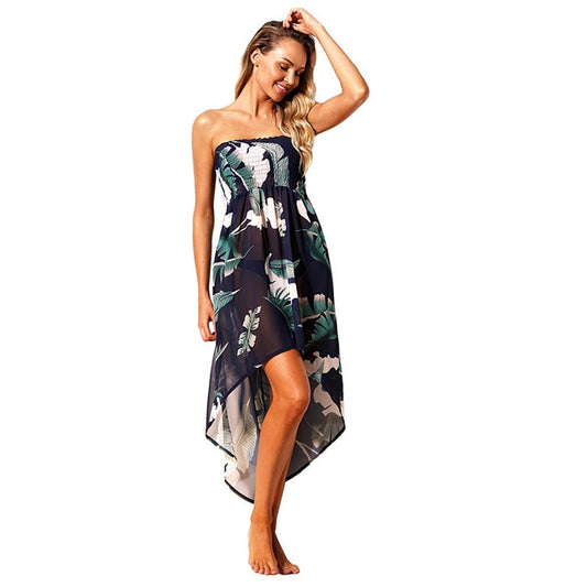 Bohemian Strapless Long Beach Dress - Navy Blue / L - Shopaholics