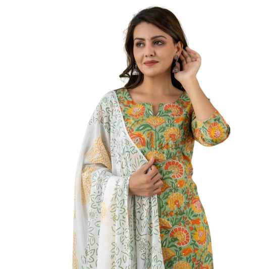 Premium Cotton Kurti And Pant With Dupatta For Women - M-38 / White-Orange-Green - Shopaholics