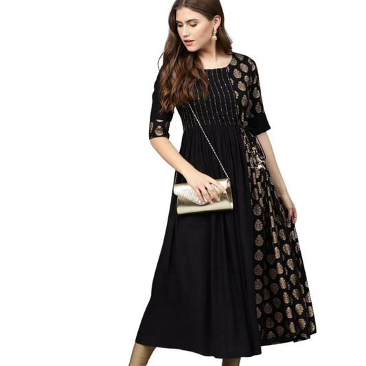 Premium Rayon Gold Foil Print Kurti For Women - M-38 / Black - Shopaholics