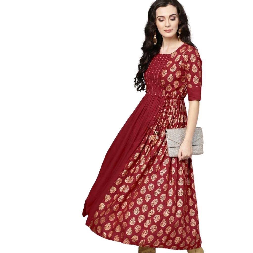 Premium Rayon Gold Foil Print Kurti For Women - M-38 / Red - Shopaholics