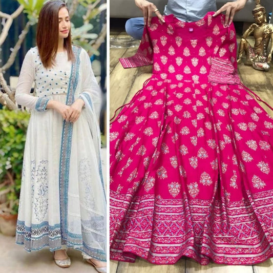 Premium Rayon Milky Printed Combos Of 2 Gowns For Women - M-38 / White-Pink - Shopaholics