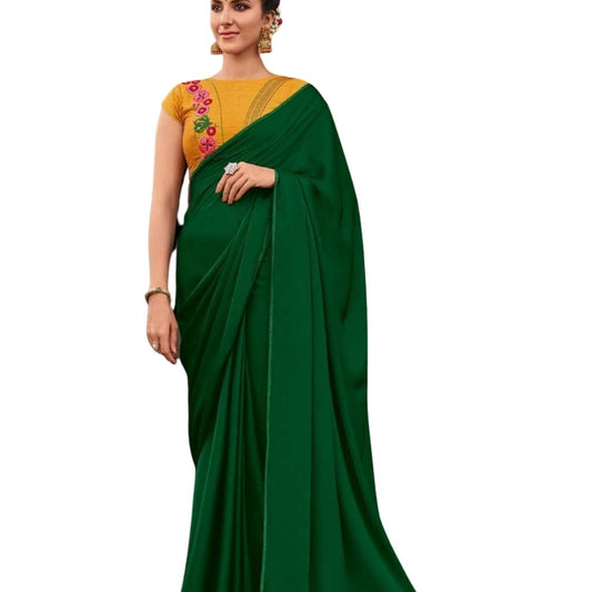 Premium Satin Fabric Saree With Embroidered Blouse For Women - Green - Shopaholics