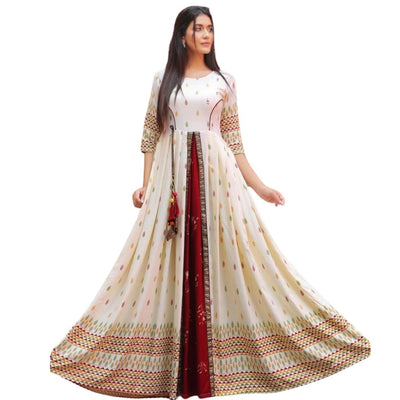 Princess Line Printed Flared Anarkali Gowns For Women - White-Red / M-38 - Shopaholics