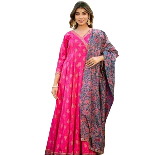 Rayon Flared Long Gown Kurti With Dupatta For Women - Pink / M - Shopaholics