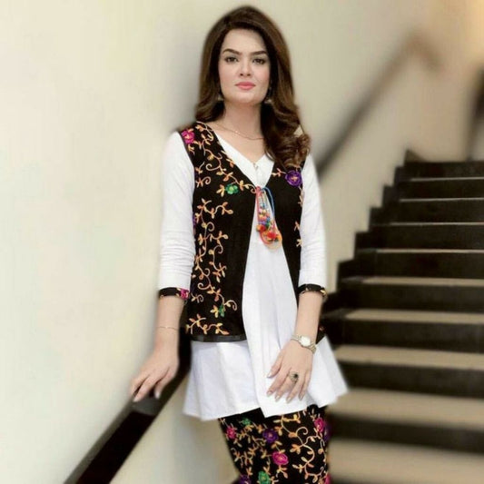 Stylish Kurti And Palazzo With Gold Printed Jacket For Women - L / White - Black - Shopaholics
