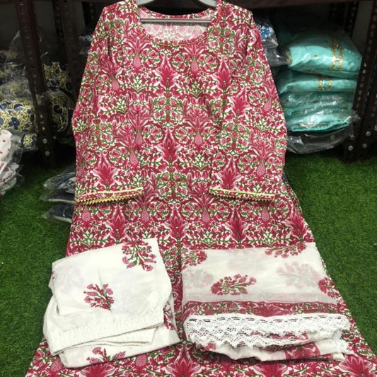 Reyon Printed Kurti With Pant And Dupatta For Women - Pink-White / M - Shopaholics