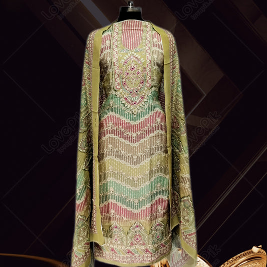 Unstitched Handwork And Flower Embroidery Suit Set For Women