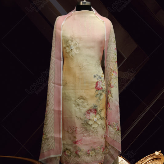 Unstitched Organza Machine Embroidery Digital Printed Suit Set For Women