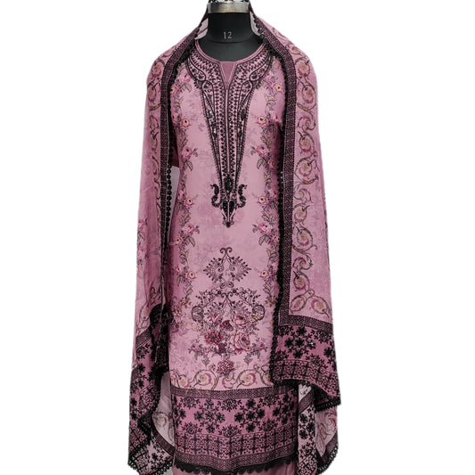 Unstitched Muslin Plain Embroidery Silk Thread Suit Set For Women