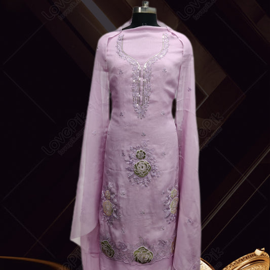 Unstitched Embroidery Patch Work Finest Silk Thread Suit Set For Women