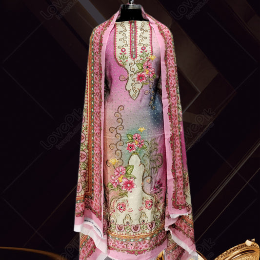 Unstitched Flower Printed Embroidery Suit Set For Women