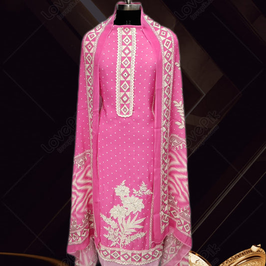 Unstitched Flower Embroidery And Handwork Suit Set For Women