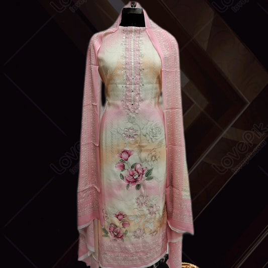 Unstitched Organza With Muslin Plain Digital Printed Suit Set For Women
