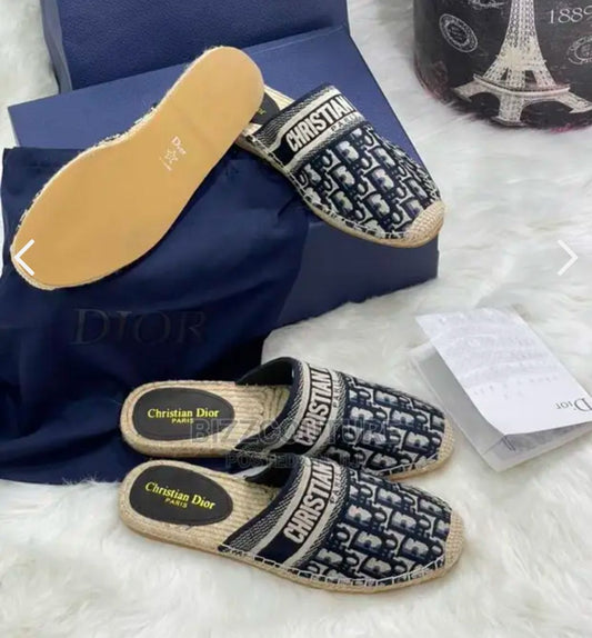 Embroidered Stripe Cotton Flat Mule Flip Flops For Women