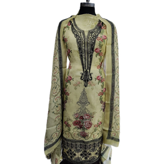 Unstitched Fashionable Silk Threads Embroidery Handwork Suit Set For Women