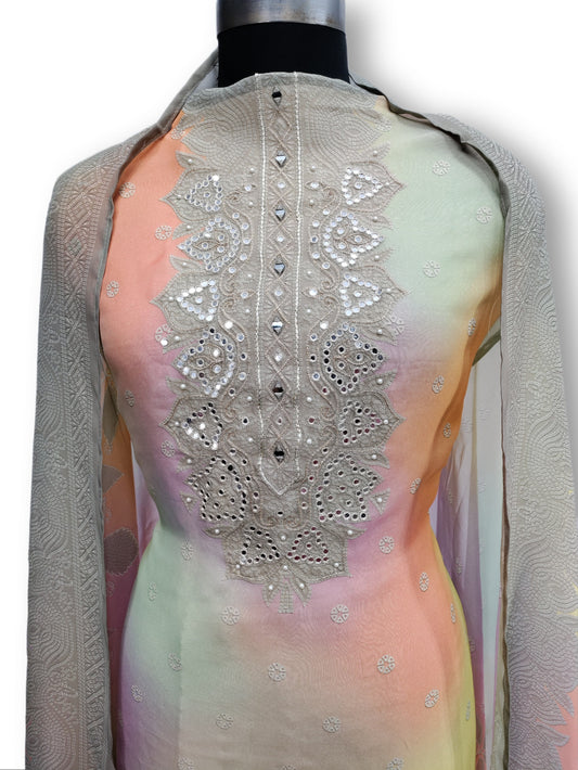 Unstitched Handwork Silk Thread Organza Digital Printed Suit Set For Women