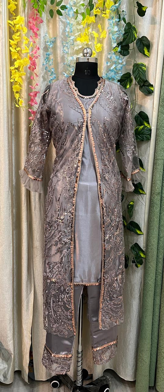 Italian Crepe Kurta And Pant Set With Heavy Front Line Open Shrug