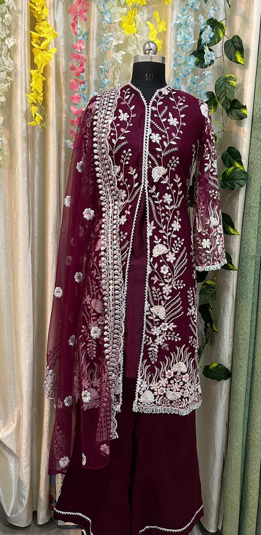 Italian Crepe Top And Bottom With Attached Shrug On Top With Heavy Sequins Work Dupatta