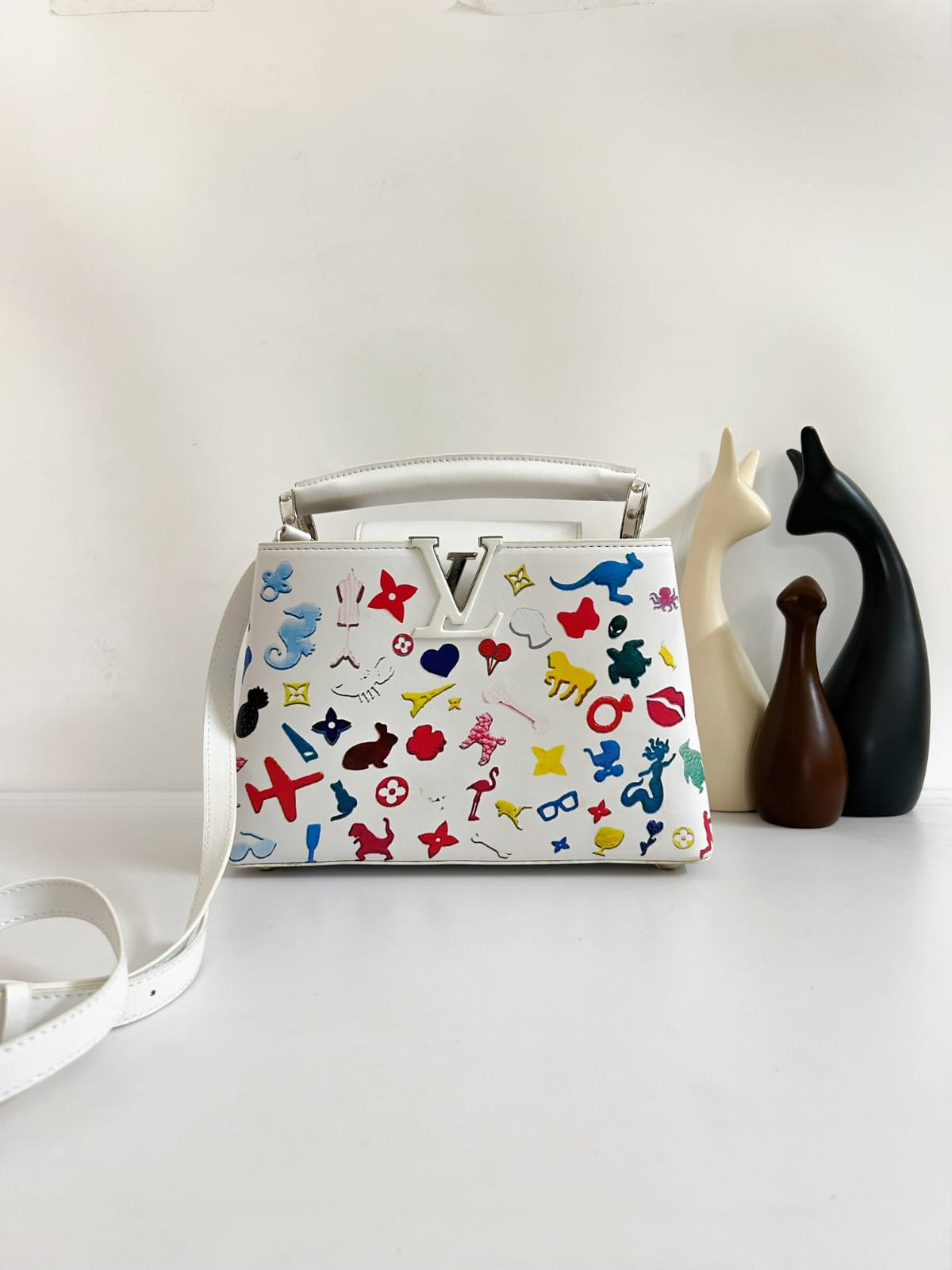 White Printed Leather Handbag For Women