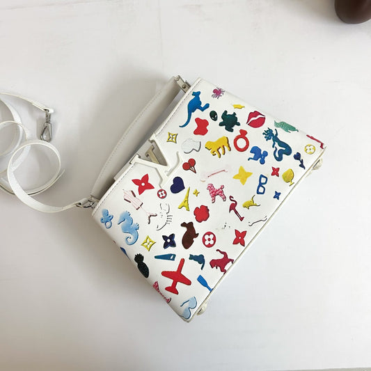 White Printed Leather Handbag For Women