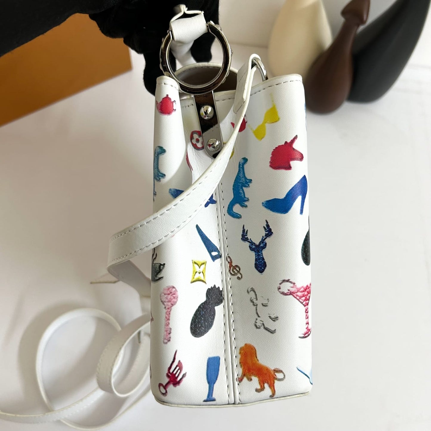 White Printed Leather Handbag For Women