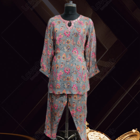 Elegant Silk Printed Handwork Cord Set For Women