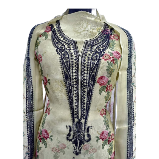 Unstitched Fashionable Silk Threads Embroidery Handwork Suit Set For Women