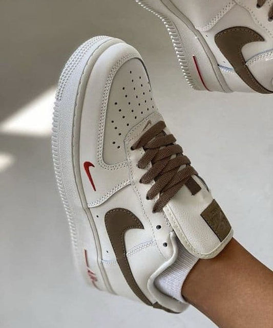 Unisex White Brown Airforce 1 Leather Sneakers Shoes