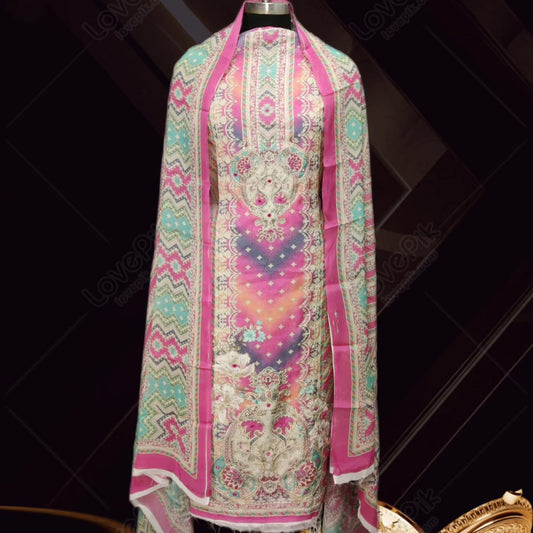 Unstitched Elegant Floral Embroidery Handwork Suit Set For Women