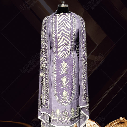 Unstitched Designer Muslin Embroidery Suit Set For Women