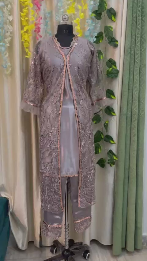 Italian Crepe Kurta And Pant Set With Heavy Front Line Open Shrug