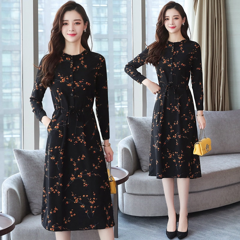Women Floral Vintage Dress Long Sleeve Shopaholics